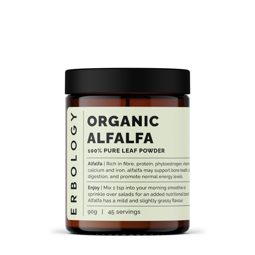 Erbologia Organic Alfalfa Powder 3.2 oz - 45 Servings - Tukee luun ja Gut Health - Rikas A-vitamiinia, kalsiumia ja rautaa - kestävästi Lähde suoraan Farm - Pieni erä - Vegaani - GMO-vapaa
