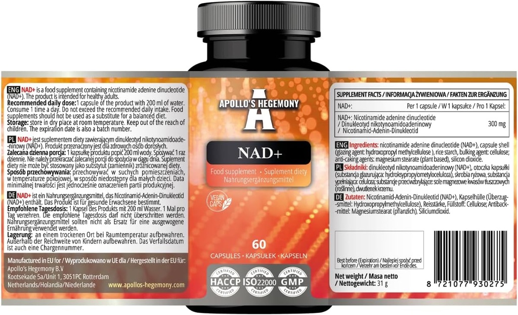 APOLLO: s HEGEMONY NAD + 300 mg - Koenzymatisk form av vitamin B3-60 Vegan kapslar - 2 månaders leverans - Nikotinamid Adenine Dinucleotide Diet Supplement