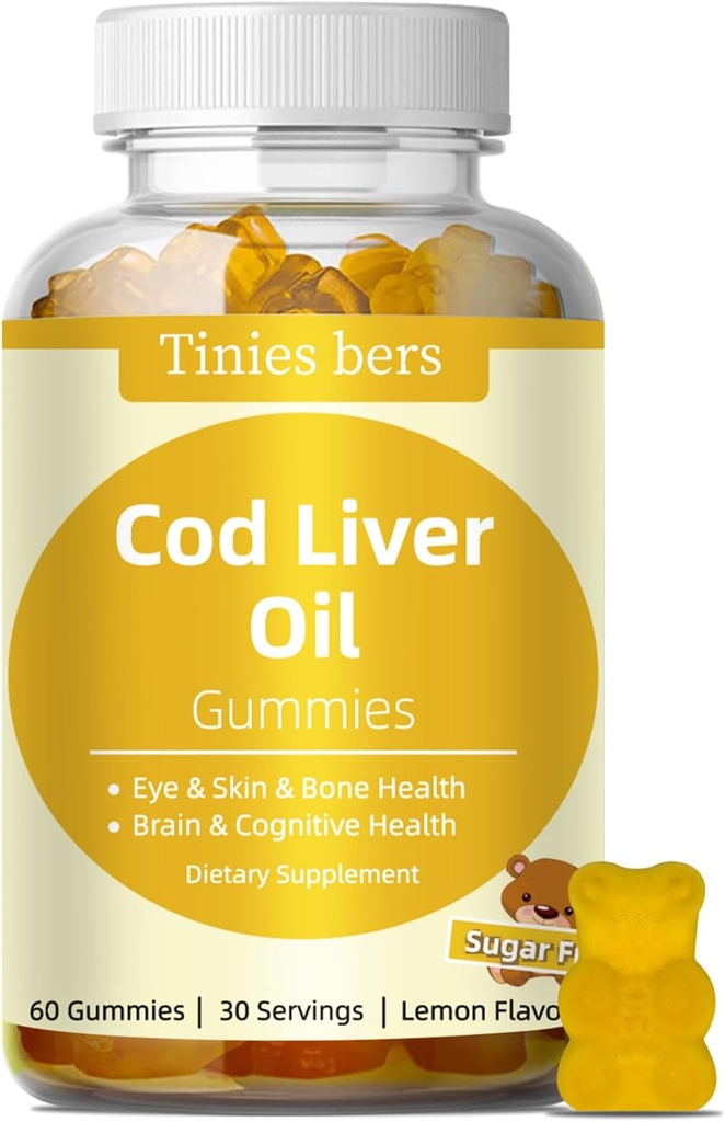 Cod Liver Oil Gummies 1000mg, Sugar Free för vuxna och barn, Omega-3s & Vitamin A & D för hjärnan, kognitivt, hjärta och öga, benhälsa, glutenfri, icke GMO, Pectin, 60