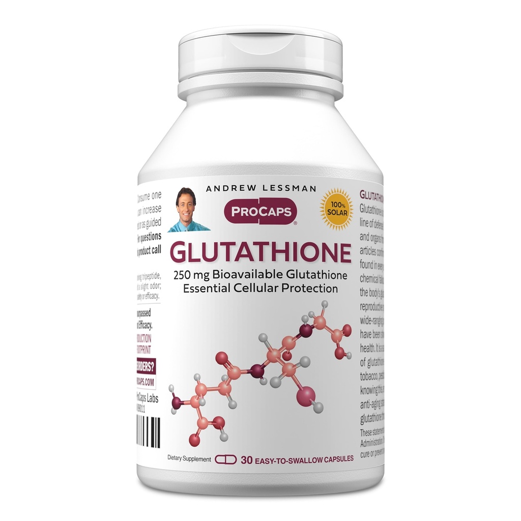 ANDREW LESSMAN Glutathione 250 mg - 30 kapslar - Kraftfull antioxidant, minskar oxidativ stress. Biotillgänglig, skyddar celler, rader, organ. Stöder immun hälsa. Lätt att svälja kapslar.