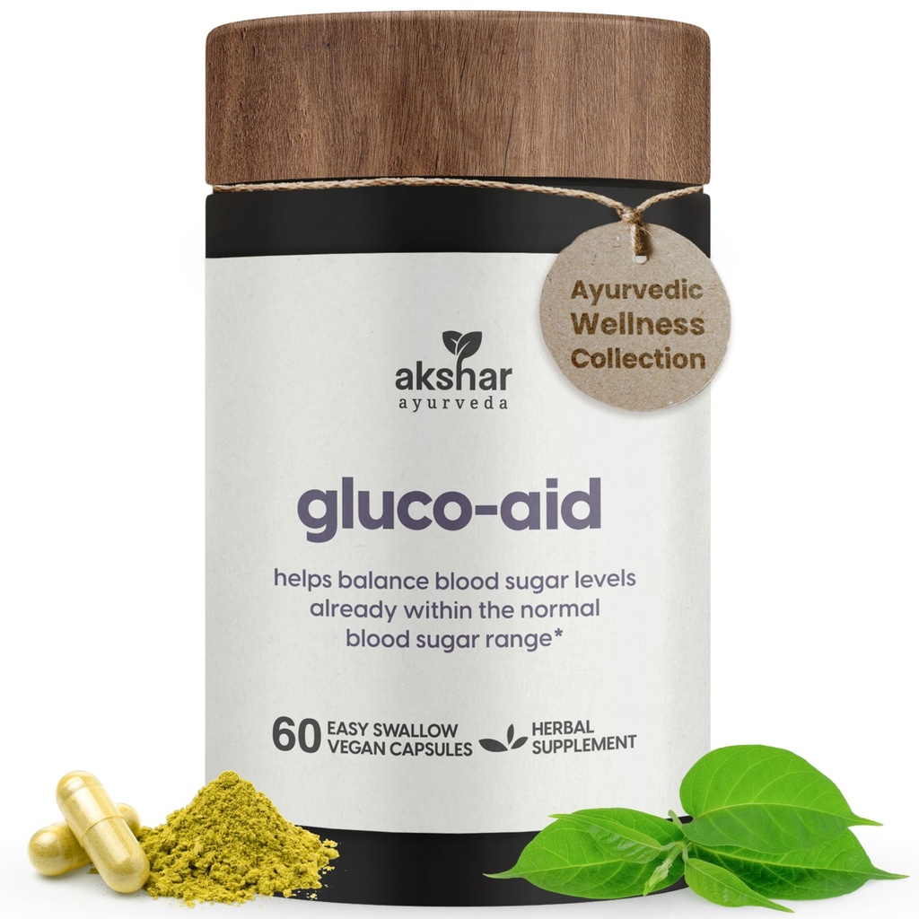 AKSHAR Ayurveda Gluco Support Supplement Gymnema, Bitter Melon, Turmeric & enemmän, tukee terveitä tasoja(60 kapselia)