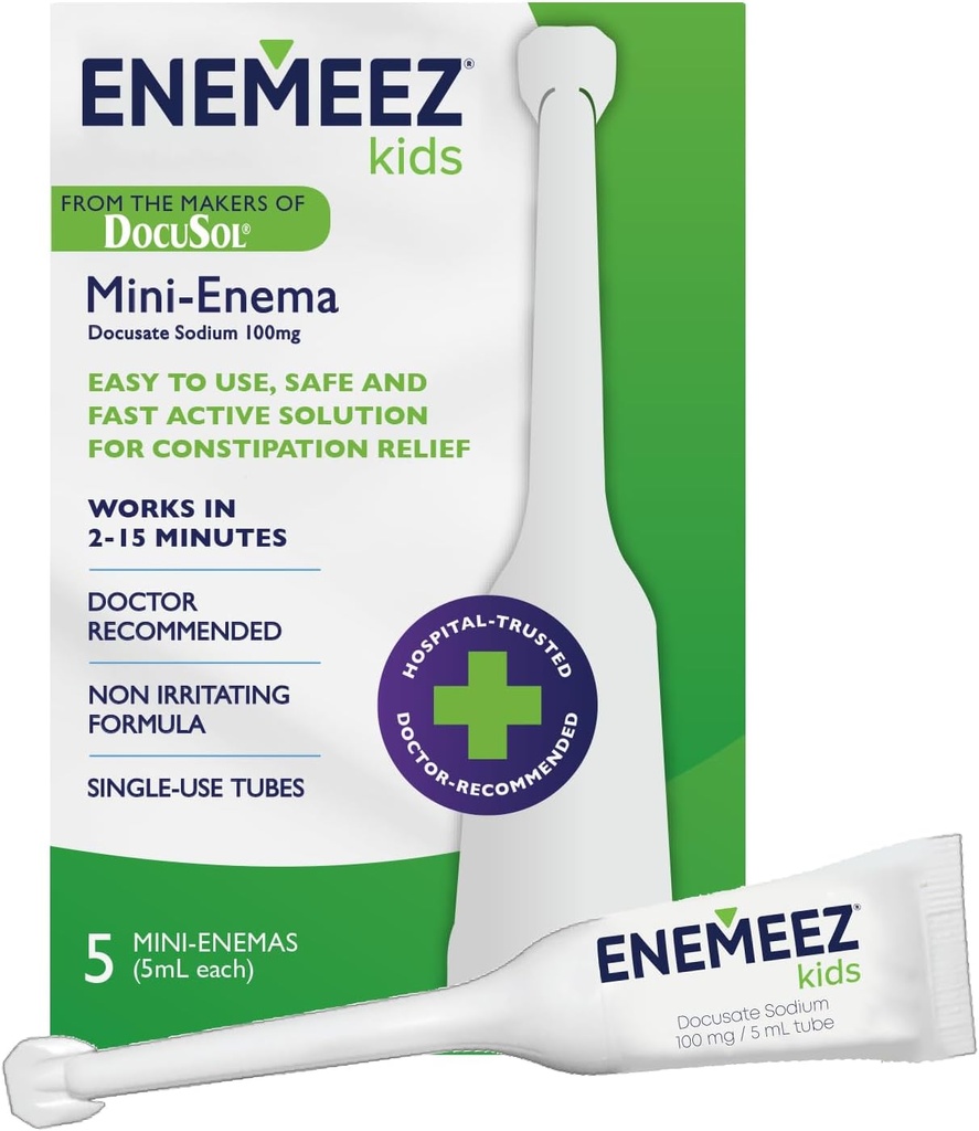 DocuSol Enemeez Kids Enema - Förstoppningshjälp för barn, Docusate Sodium Stool Softener, Fast-Acting, 5 Single-Use Disposable Rör