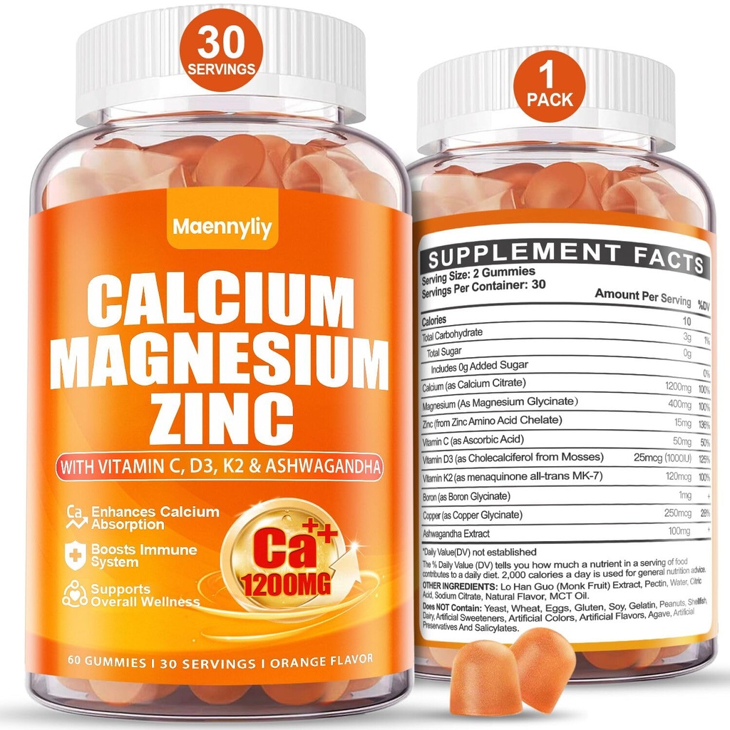 Kalsium 1200 mg D3-vitamiinia aikuisille - kalsiumsitraattia D3 K2, magnesiumia, sinkkiä, Boronia, kuparia ja Ashwagandha - ekstra-imukykyistä kalsiumia naisilla