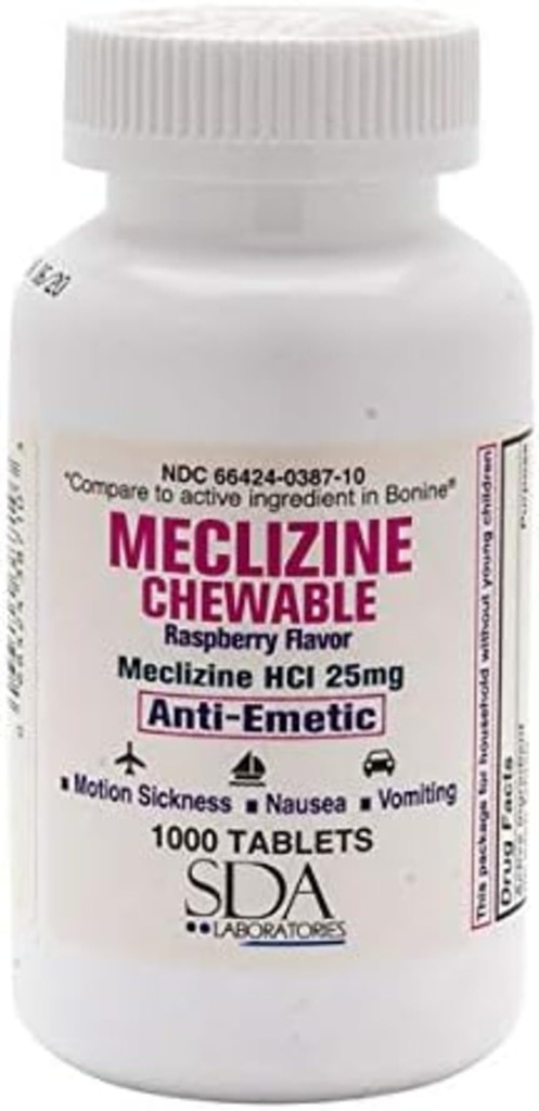 SDA LABORATORIES Meclitsiini Purutabletti, 25 mg, antiemeetti, vadelmamamaku, liikesairaus ja kiertohuimaus Pahoinvointi, huimaus ja oksentelu, 1000