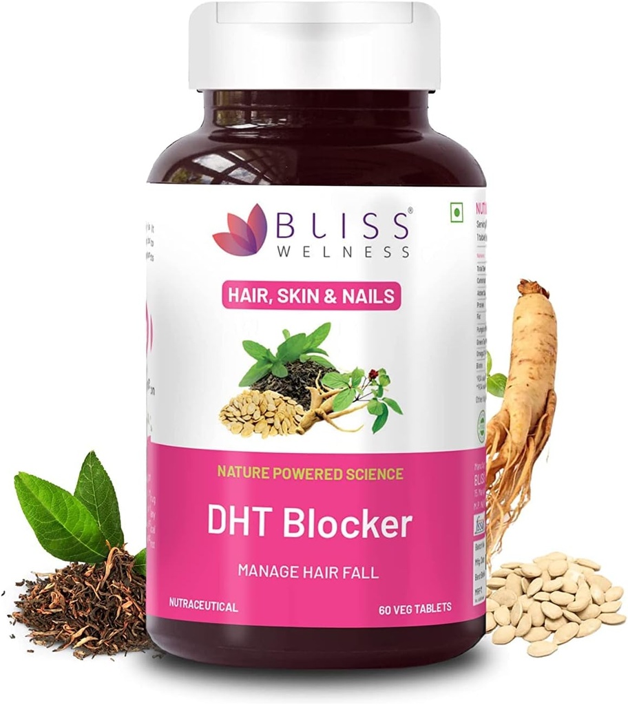 Sheltr DHT Blocker med Biotin, Pumpkin Seed, Green Tea Extract, Omega 3, Ginseng Extract, Vitamin C, E, B6, hjälper till att minska hårfallet, stimulerar hårtillväxt tillskott för män och kvinnor - 60 tabletter