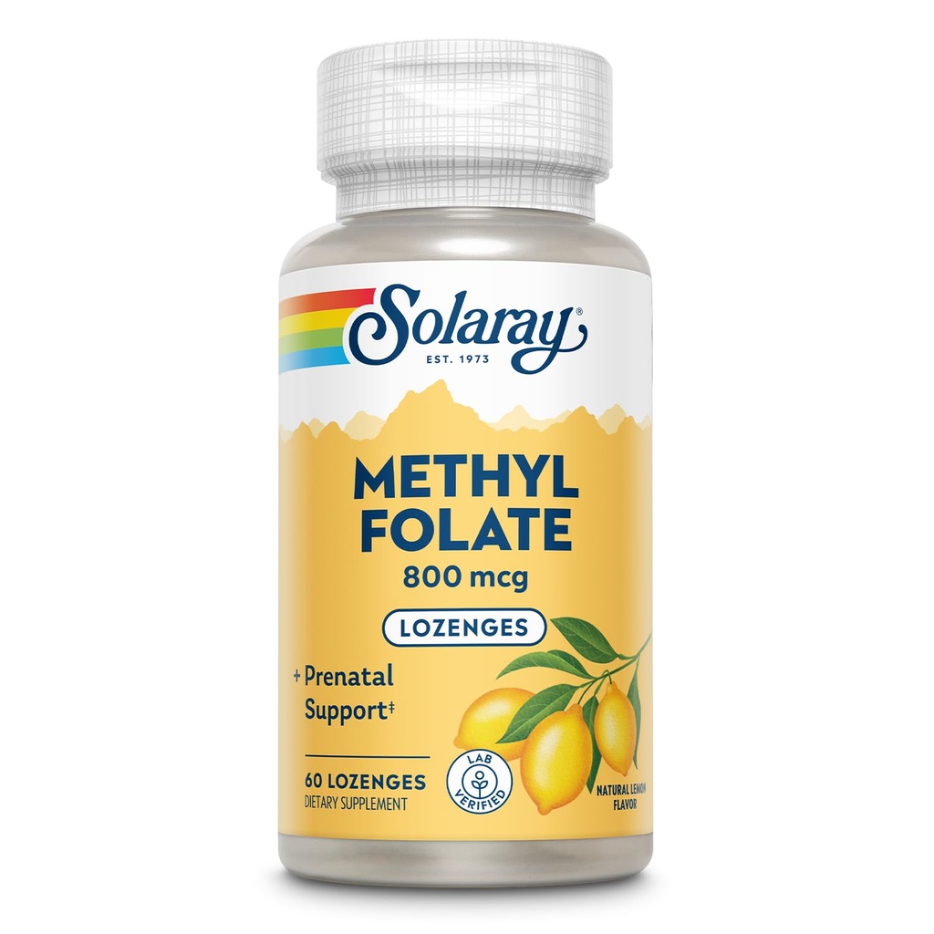 SOLARAY Methyl Folate 800 mcg - 470 mcg Folic Acid - 5-MTHF Prenatal Vitaminer - Naturlig citron smak - Naturliga sötningsmedel - Lab Verified - 60-dagars garanti - 60 portioner, 60 Lozenges