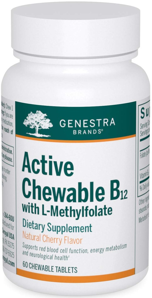 Genestra Brands Active Chewable B12 med L-Methylfolate | Chewable Vitamin B12 och Folate Supplement | 60 Chewable Tablets | Natural Cherry Flavor