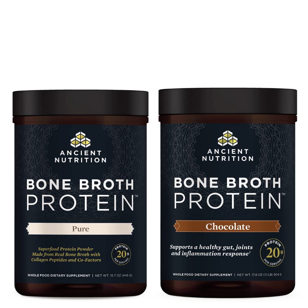Ancient Nutrition Bone Broth Protein Powder, Pure, 20 tarjoilua + Bone Broth Protein Powder, Chocolate, 20 tarjoilua