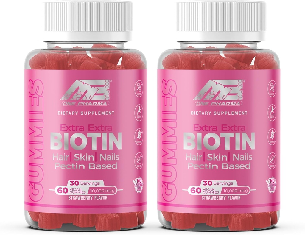MB One Biotin Gummies-High Potency-Healthy Hair, Skin and Nails Strengthening, Vitamin B7, (10000 Mcg) Non-GMO, Pectin Plant Based, för barn och vuxna, jordgubbs naturliga smak 2 Pack
