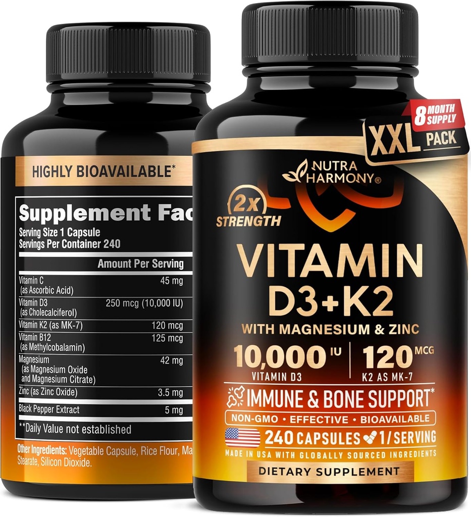 Vitamin D3 K2 - Vitamin D3 10000 iu & K2 som MK-7 120 mcg - Immune & Mood Support, för Bone & Teeth Health - med Magnesium, Zink & Vitamin C & B12 - Mycket biotillgänglig - Tillverkad i USA, 240 kapslar