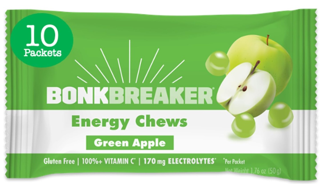 Bonk Breaker Energy Chews, Dairy-free, Gluteenittomat ainesosat tarjota nopeasti energiaa ja keskittyä, 1 laatikko 10 pakettia, Green Apple