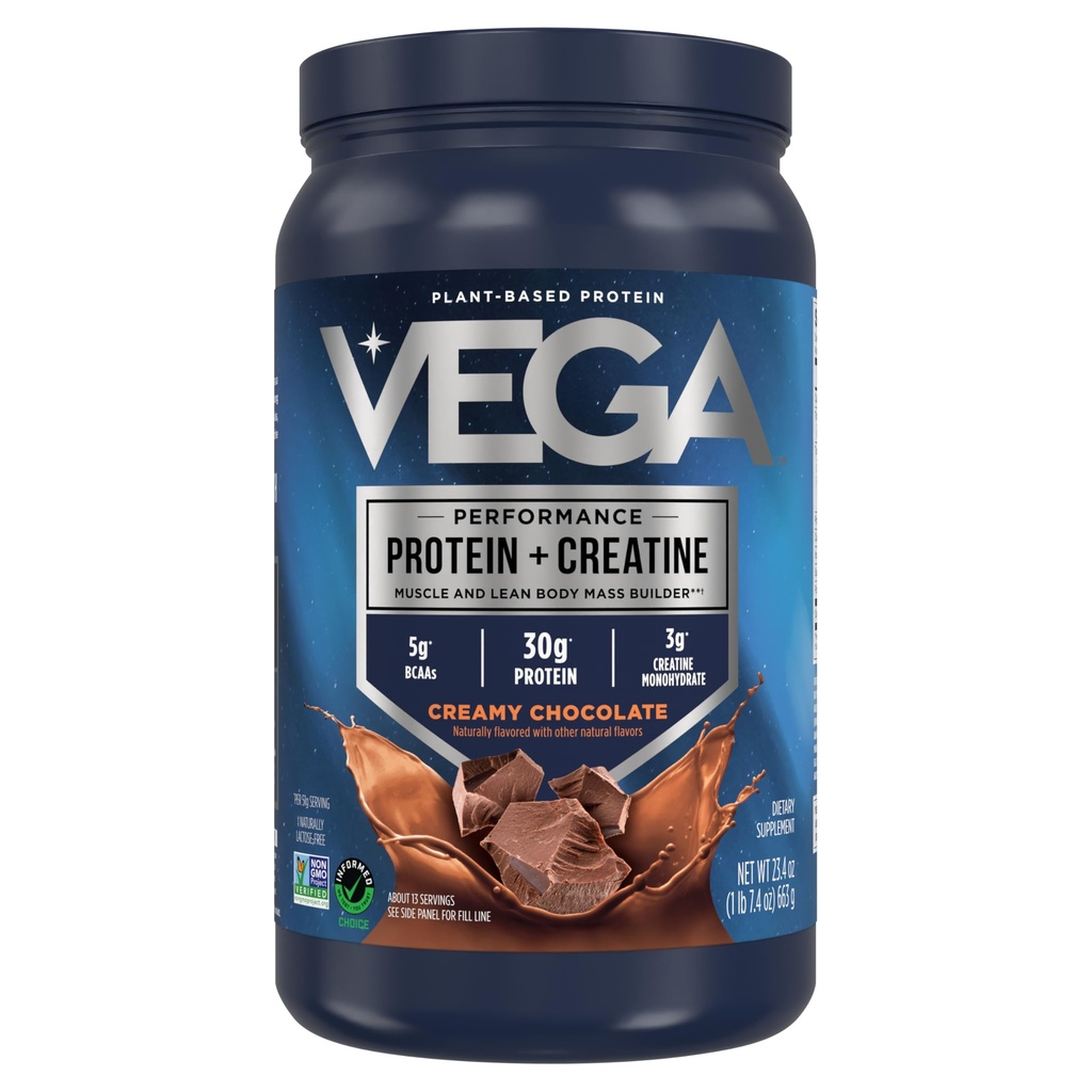 Vega Protein + Kreatin - 30g Plant-Based Protein, Chocolate, 13 portioner, 3g Kreatin, 5g BCAA, Vegan, Keto, Gluten Free, Dairy Free, Low Carb, för muskeltillväxt och reparation, Drink Mix, 23.4oz