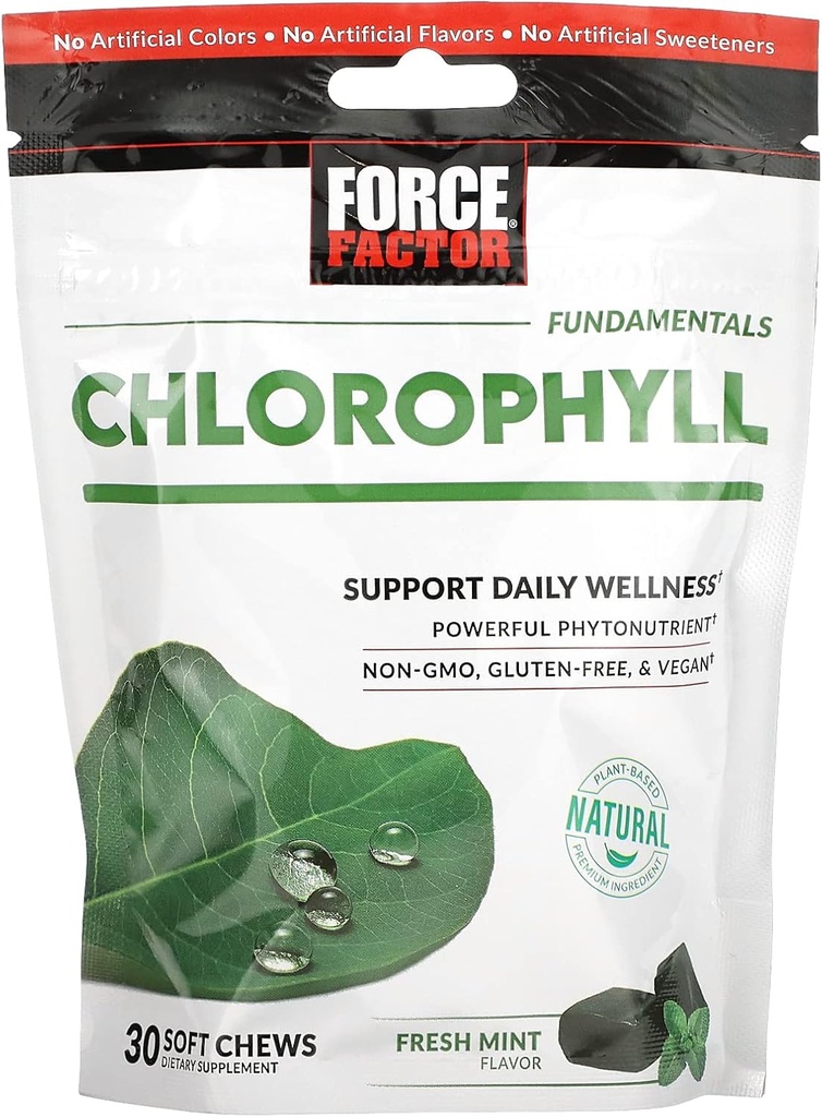 FORCE FACTOR Chlorophyll Soft Chews Antioxidants Supplement för att minska Body Odor, främja färsk andedräkt, icke-GMO, Gluten-Free och Vegan, Fresh Mint Flavor, 30 Soft Chews, Green