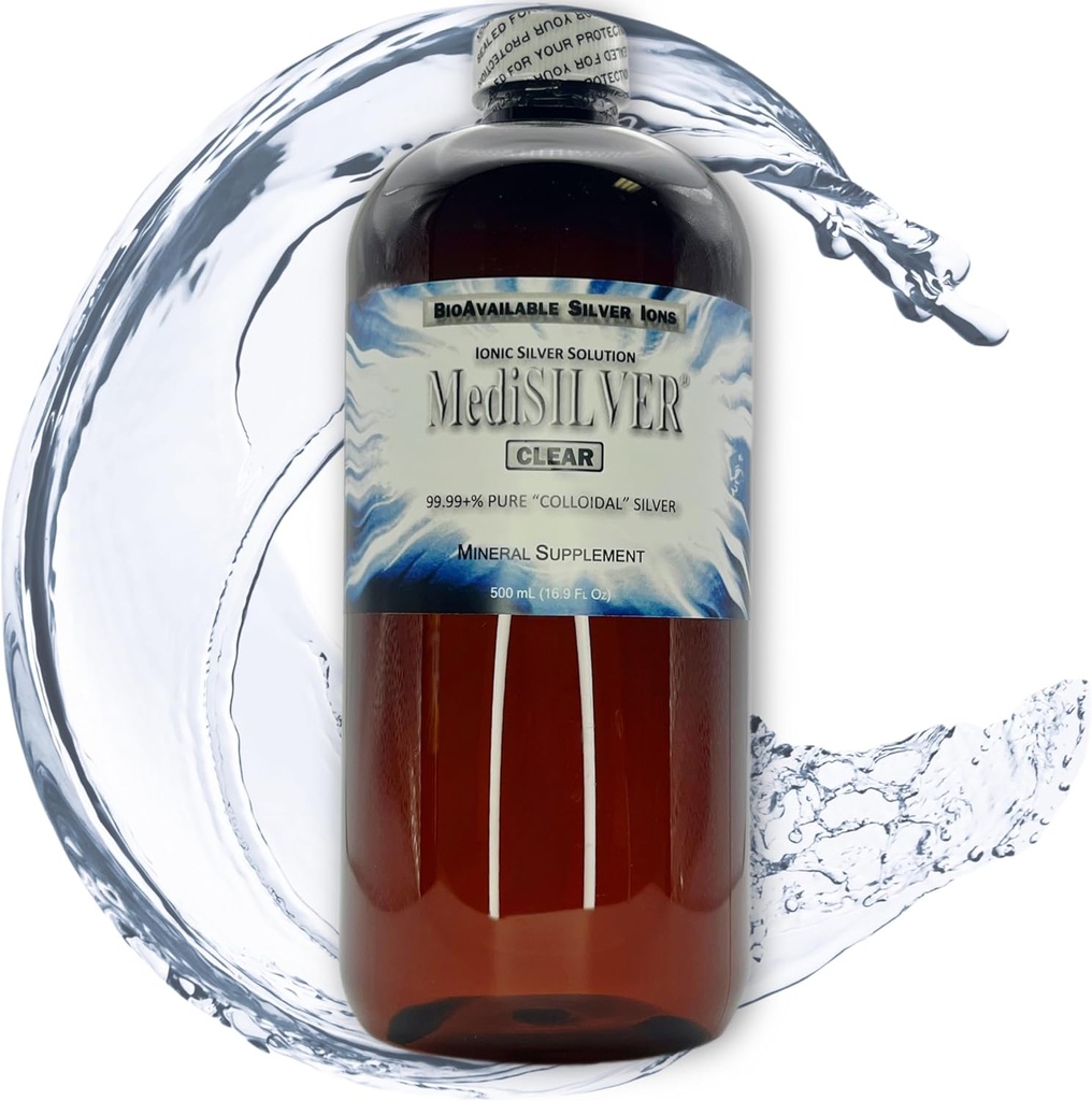 MediSILVER Clear True Free Ionic Kolloidinen Silver Dietary Supplement - 500 ml (16,9 Fl Oz) Amber BPA-vapaa muovipullo