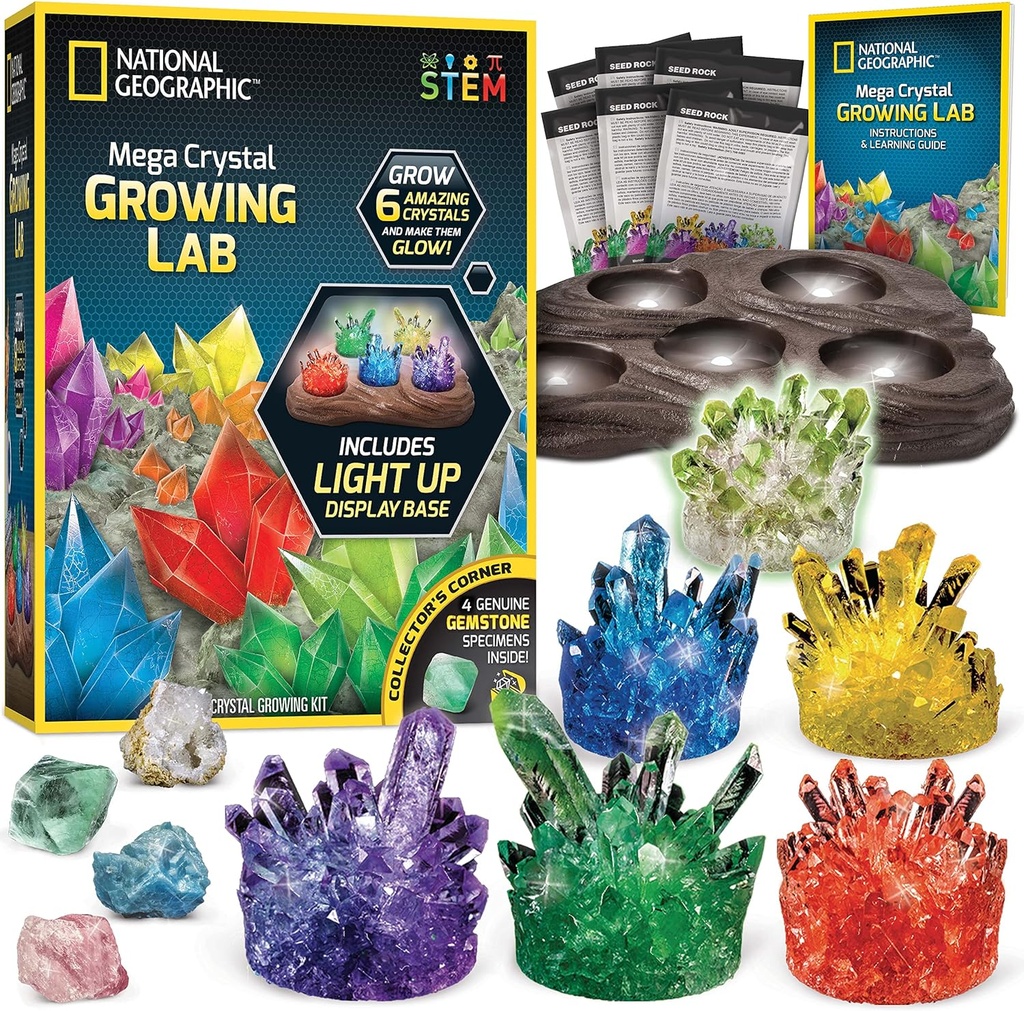 National Geographic Mega Crystal Growing Kit - Kasvata 6 kristallia kevyellä seisonnalla, Tiede Lahjat lapsille 8-12