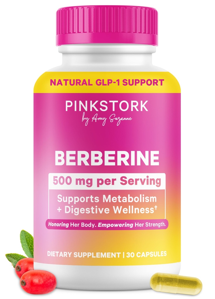 Pink Stork Berberine 500mg - Nature's GLP-1 Supplement - Daily AMPK Metabolic Activator - 500-1000 mg Metabolia + Gut Health for Women .