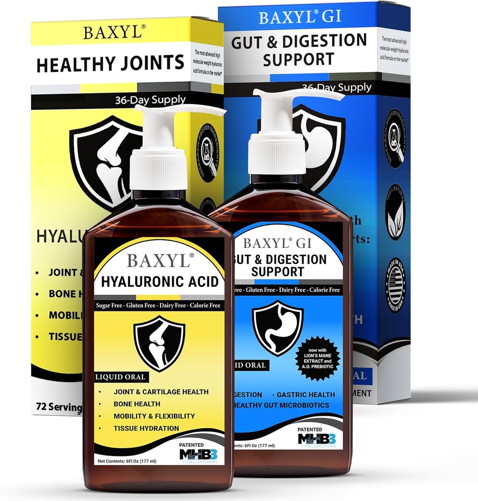 BAXYL & BaxylGI Bundle Pack - (6 fl oz Each) - Hyaluronic Acid Joint Supplement & Hylarunonan Amaferm Prebioottinen digestiivinen täydennysosa.
