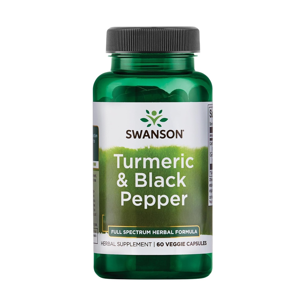 Swanson Turmeric & Black Pepper - Organic Joint Health, Heart Health, Digestion, & Liver Support Supplement - Natural Formula Enhanced Biosability & Imeytyminen - (60 kasviskapselit)