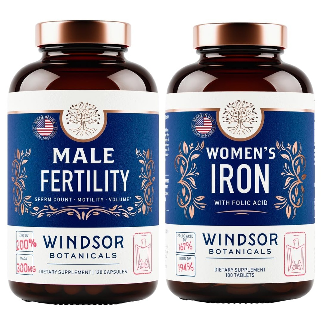 WINDSOR BOTANICALS Mies hedelmällisyys täydentää ja rauta pillereitä Folic Acid - Hedelmällisyys ja prenatal Bundle