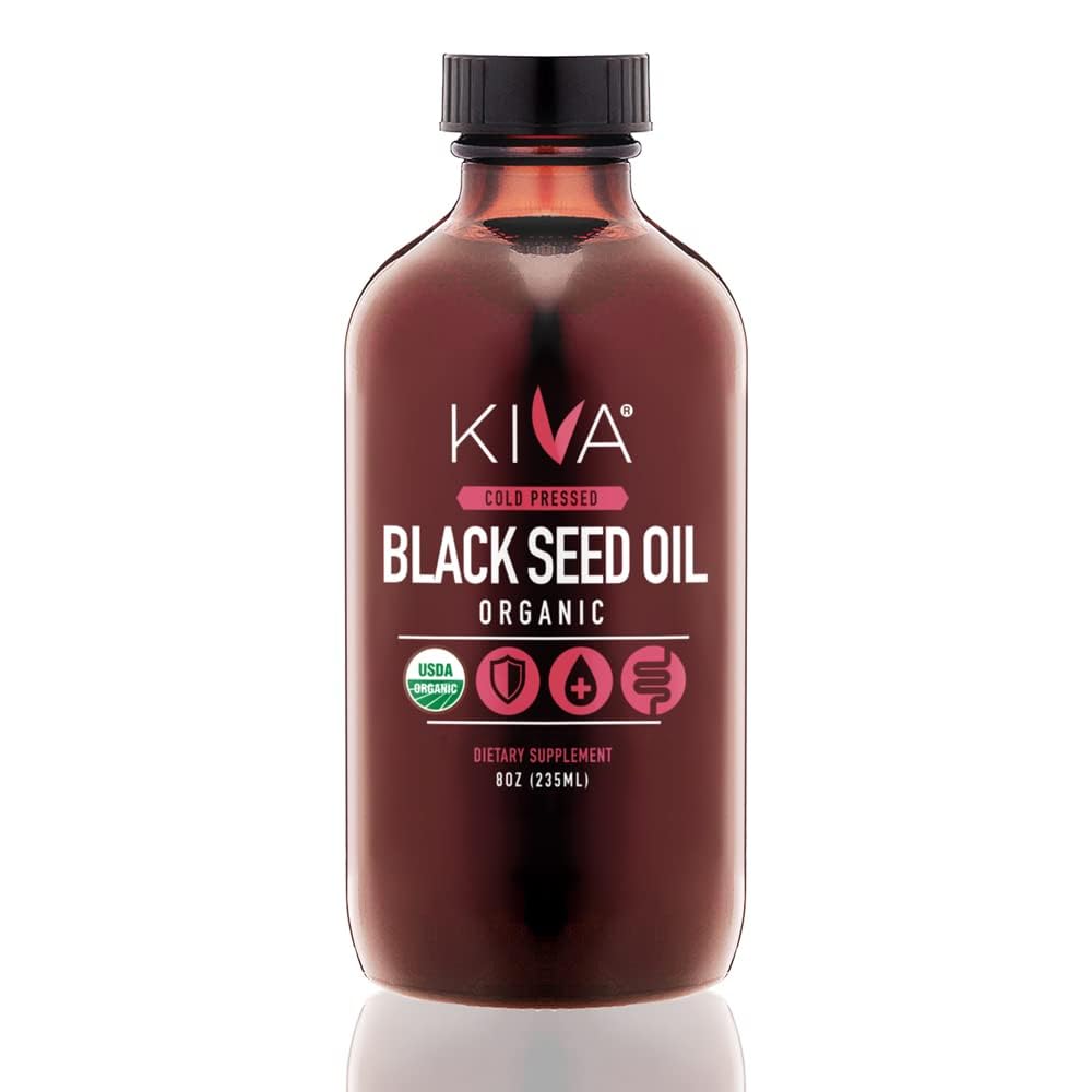 Kiva Organic Black Seed Oil - Ultra High 3X Thymoquinone (TQ), Cold-Pressed, 100% turkisk Nigella Sativa Seed Oil, All-Natural Non-GMO Supplement - Vegan, 8 oz (235 ml) Glasflaskor