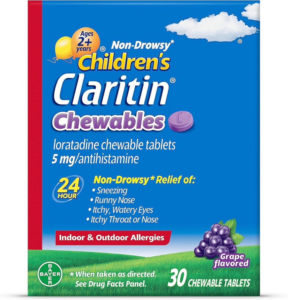 Lasten Claritin Chewables 24 tunnin allergiaapulainen, Non Drowsy Kids Allergialääketiede, Grape Antihistamiini purutabletit, 30 kreivi