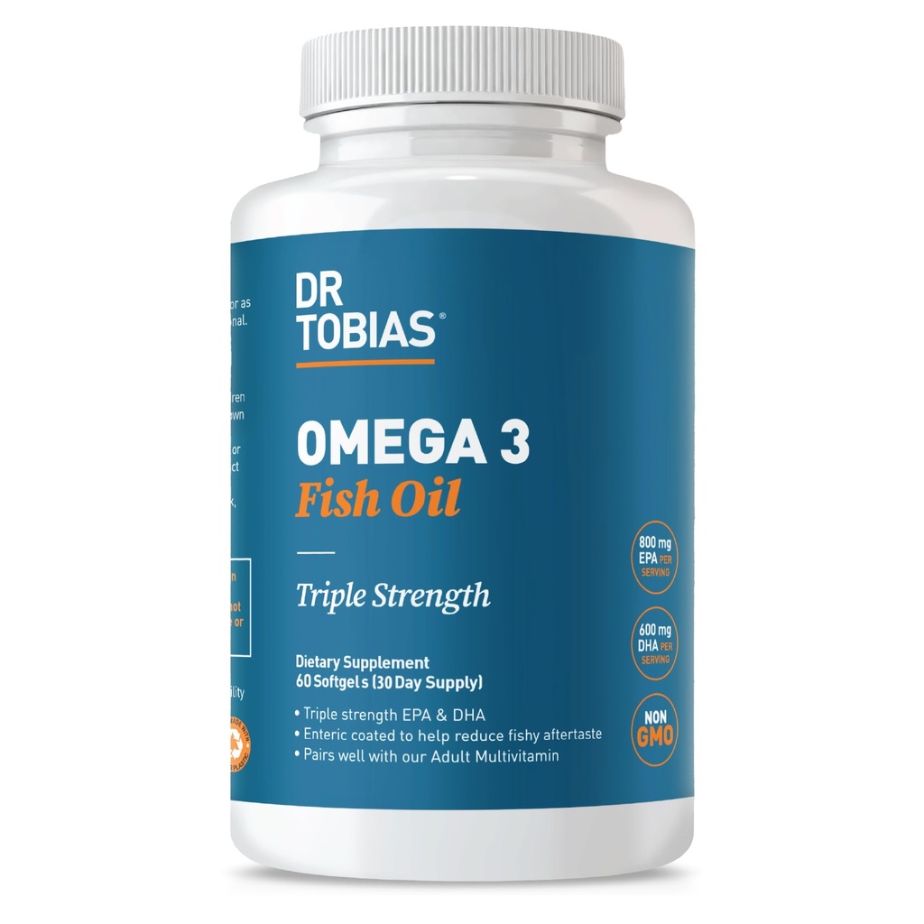 Dr Tobias Omega 3 Fish Oil, 2000mg Triple Strength med 800mg EPA 600mg DHA Per Servering, Fish Oil Omega 3 Supplements for Heart, Brain & Immune Support, 60 Softgels, 30 Servings