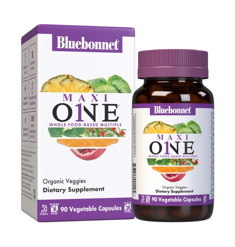 Bluebonnet Nutrition Maxi One (raudan kanssa), Koko ruoka Multiple, Entsyymit, Energia, Vitality, Gluteeniton, Kosher, Dairy-Free, Kasvissyöjä Friendly, Soy-free, ei-GMO, 90 Vihanneskapseli, 3 kuukauden tarjonta, Beige
