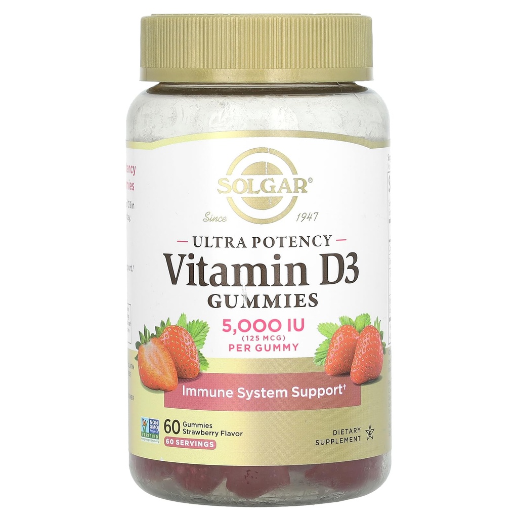 Solgar Vitamin D3 Gummies för vuxna 5,000IU Ultra Potency Vitamin Immune System Support för kvinnor och män - Tasty Strawberry Flavor, Gluten & Gelatin Free Gummy, 2 Month Supply, 60 Servings, 2g Sugar