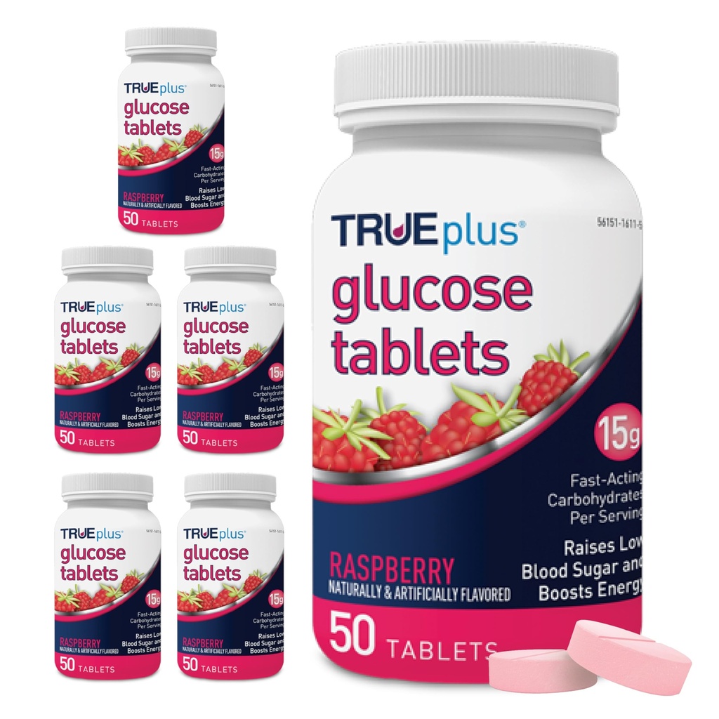 TRUEplus® Glukoositabletit, vadelmamamaku - 50 kreiviä (pakkaus 6)