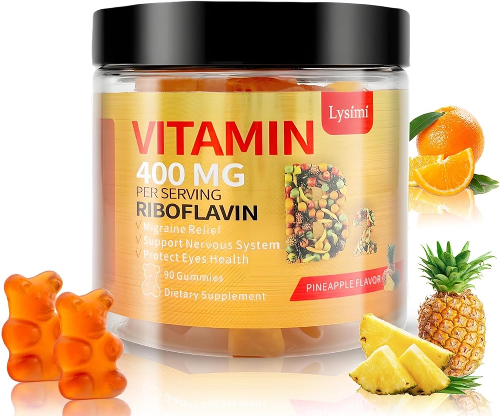 B2-vitamiinia, B2-vitamiinia, riboflaviinia 400 mg magnesiumia ja Coq10:tä, migreeniä ja päänsärkyä lievittävää hoitoa lapsille ja aikuisille, 90 purukumia (1)