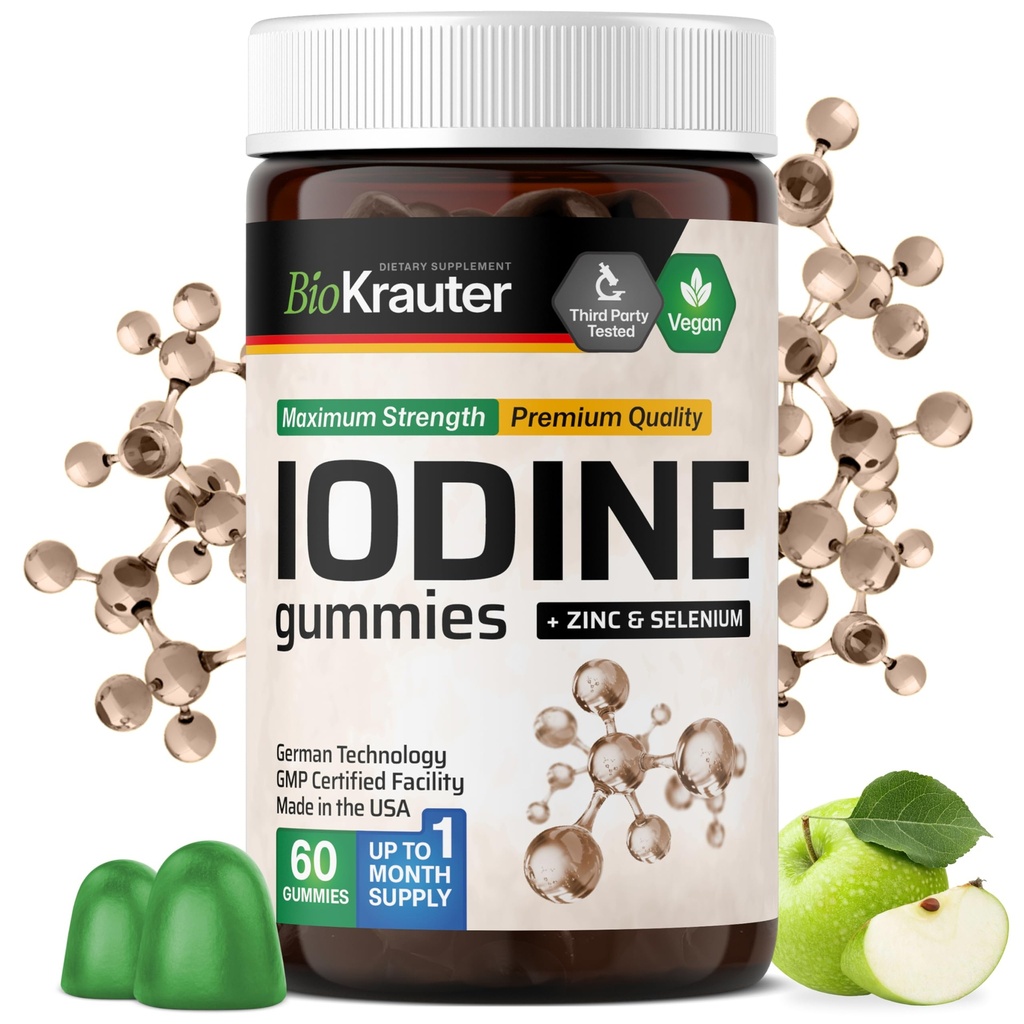 BIO KRAUTER Jodi Gummies - 60 Vegan Chews - 250 mcg Kalium Iodide - Jodi täydentää Selenium Zink - Apple Flavor, Pektiini-Baseed Chews