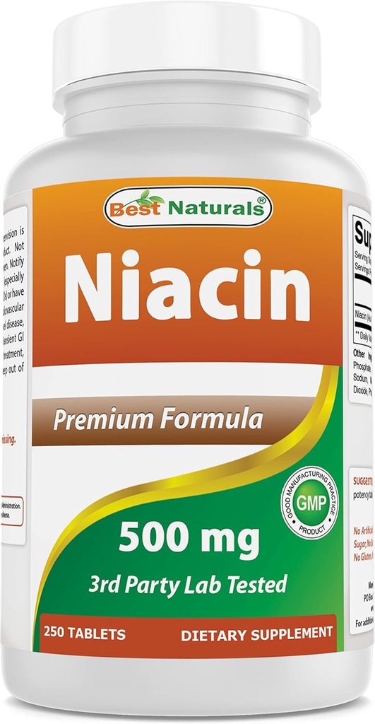 Best Naturals Niacin 500 mg 250 tablettia, joissa punoitus - myös kutsutaan B3-vitamiinia (250.