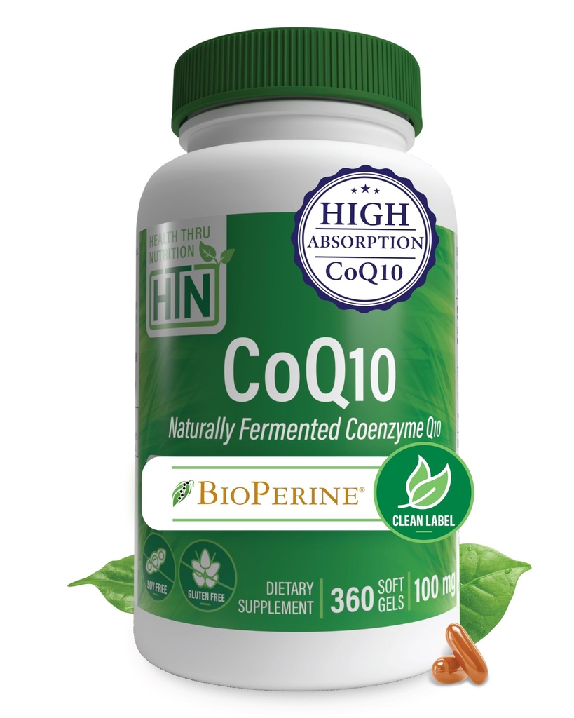 Health Thru Nutrition CoQ-10 100mg BioPerine 360 Softgels ... Korkea imeytyminen Luonnollisesti Fermentoitu USP Grade Coenzyme Q10 täydennysosa ... 3. osapuoli testattu sydänterveys ja energia tuki