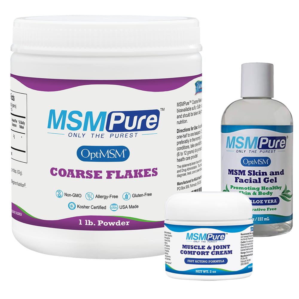 KALA TERVEYS MSMPure Starter Bundle MSM Coarse Flakes 1lb, MSM Muscle & Joint Cream 2oz ja MSM Gel kanssa Organic Aloe 8oz