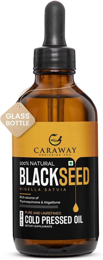 CARAway Organic Black Seed Oil - Kylmäpuristettu Nigella Sativa Oil - Puhdas ja jalostamaton - Rikas Thymokinoni immuuni tukea, hiukset ja ihonhoito ... lasipullo