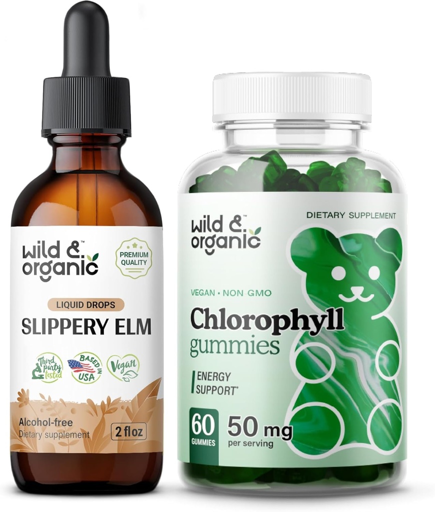 Wild & Organic Slippery Elm Tincture 2 fl oz & klorofylli Gummies 60 Chews