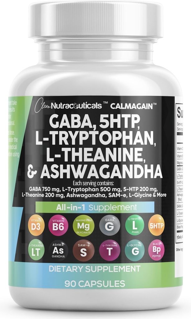 Clean Nutraceuticals GABA 750mg 5 HTP 200mg L Tryptophan 500mg L Theanine 200mg Ashwagandha SAM-e L-Glycine - Mood tuki vitamiinit naisten ja miesten L-tyrosiini 5-HTP (5-hydroksitryptofaani)