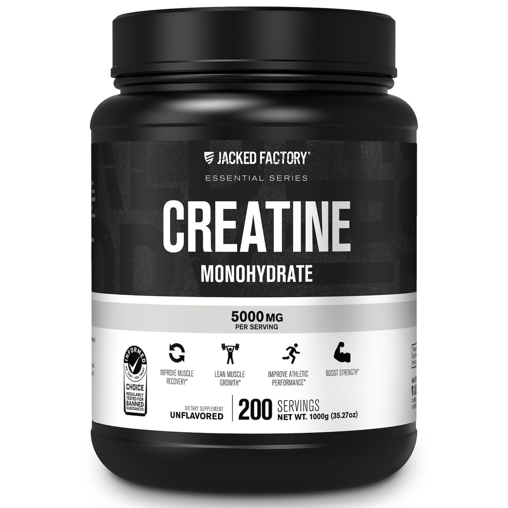 Jacked Factory Creatine Monohydrate Powder 1000g - 5g Daily Creatine Supplement för män och kvinnor, Vegan-Friendly, Tredjepartstestade - 200 portioner, Osmakad