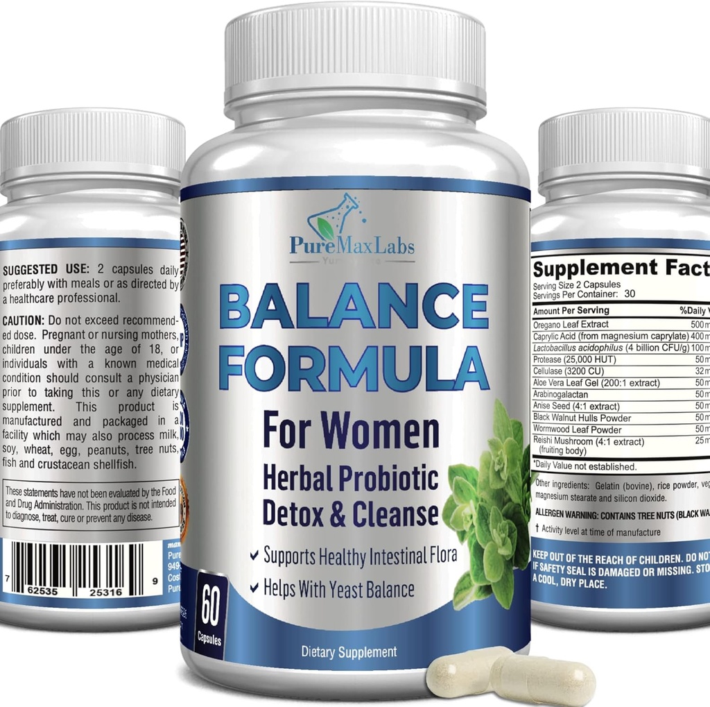 Balanskomplex för kvinnor - för vaginal hälsa, Herbal Detox & Cleanse, vaginalprobiotika, stöder hälsosam intestinal flora, hjälper med jästinfektioner 60 kapslar