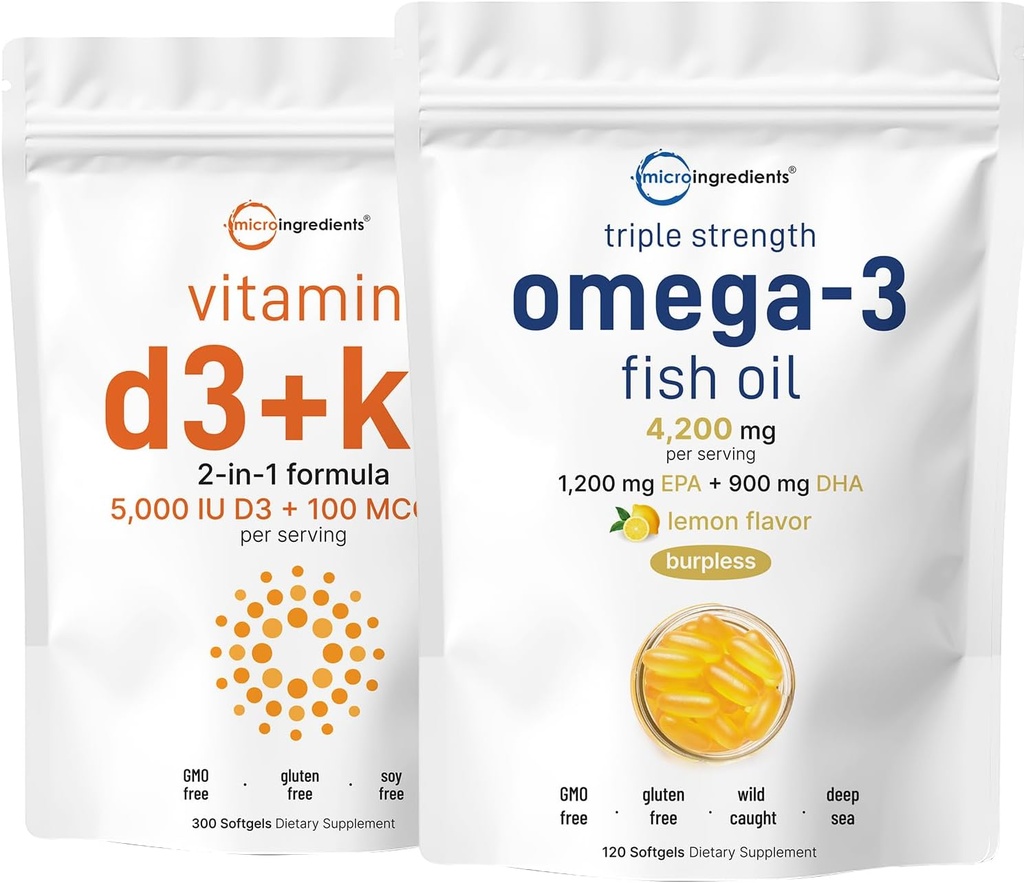 Micro Ingredients D3-vitamiini 5 000iu + K2 100mcg Softgels & Omega-3 Fish Oil 120 Softgels Bundle 2 Pack 