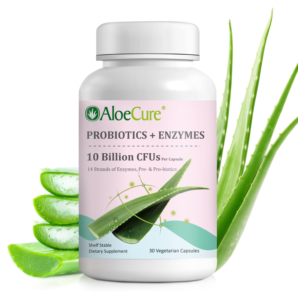 AloeCure Daily Probiootit 10 miljardia PMY:tä digestiivinen tuki 8 kanta, 6 Prebiootit & Entsyymit - digestiivinen täydentää bromeliini naisten ja miesten - Gut tuki, digestiivinen lievittää, 30 Caps