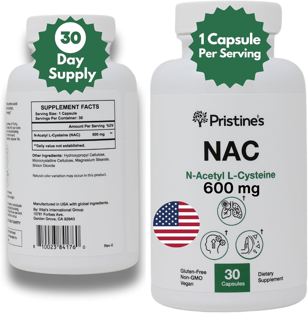 PRISTINE N-Acetyl L-Cysteine (NAC) 600MG 30-dagars Supply Potent Lung & Liver Immunity Antioxidant Supplement Capsules - Mood & Mental Health Support