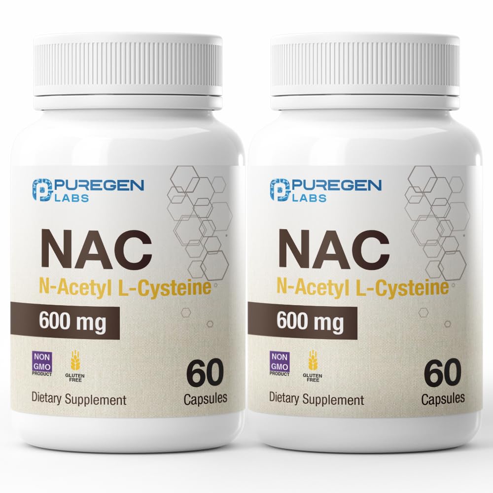 Puregen Labs N-asetyyli-L-kysteiini (NAC) 600 mg, tukee immuuni, hengitystiet, maksan terveys, NAC 600 mg, Potent antioksidantti tuki, vapaa-radikaalit, helppo absorb - Yhteensä 120 kasviskapselit