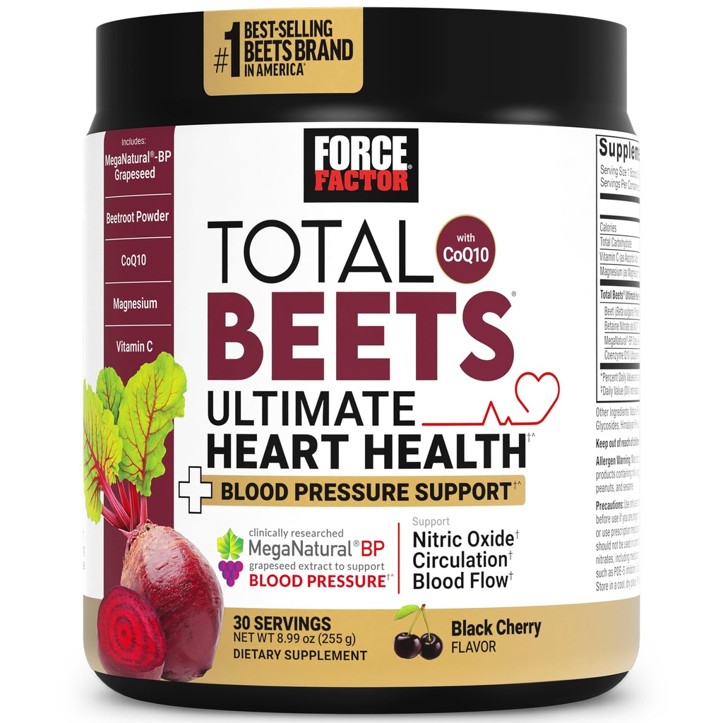 Force Factory yhteensä Beets Ultimate Heart Health Verenpaine tuki CoQ10, juurijuuri Powder, Rypälesiemenuute, Veren paine täydentää verenkiertoon, musta kirsikka, 30 tarjoilua