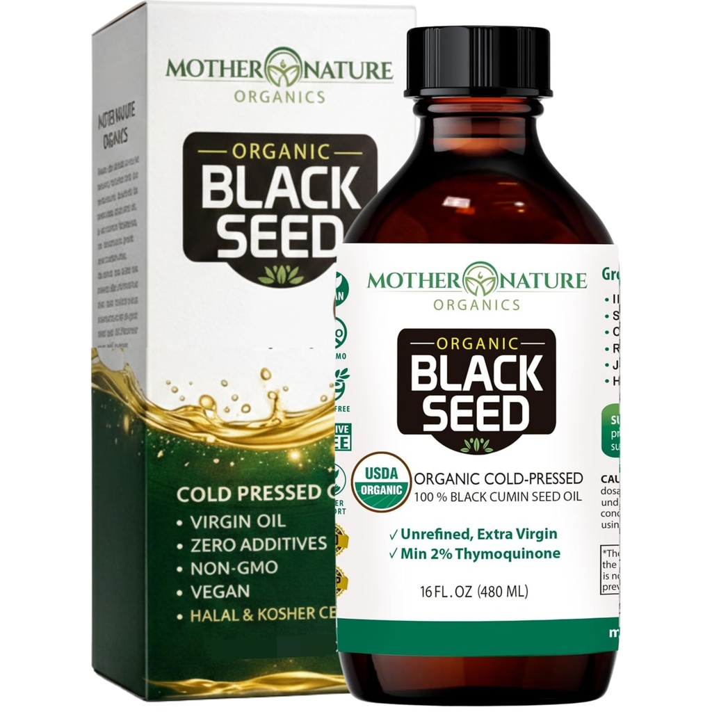 Äiti Luonto USDA Organic Black Seed Oil ... Kylmäpuristettu, jalostamaton ja vegaaninen Nigella Sativa, korkea Thymokinoni (2%+), Omega 3 6 9 Immuuni, Joint & Heart Support, Hair & Skin, Ei-GMO, 16oz
