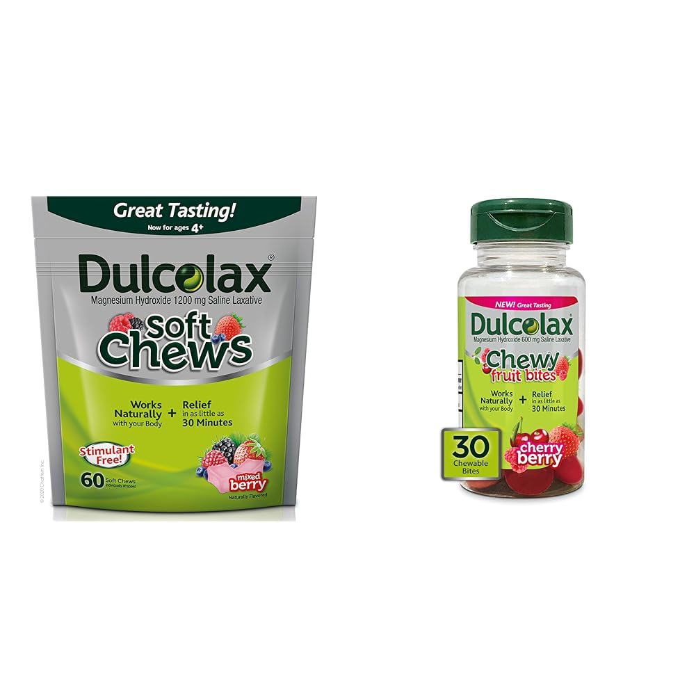 Dulcolax Soft Chews Saline Laksative Mixed Berry (60ct) Hellä Ummetus Relief & Chewy Fruit Bites, Salina Laksative, Kirsikkamarja (30ct) Kramppivapaa Ummetus Relief