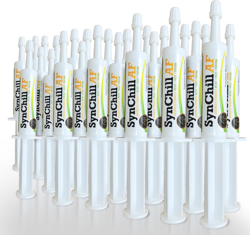 SynChill AF Calming Gel för nervösa hästar - Ensam servering - Avancerad formel med L-Theanin, ökad styrka, 100% naturligt komplement, disposition och förtroende stöd för hästar - 25 Pack