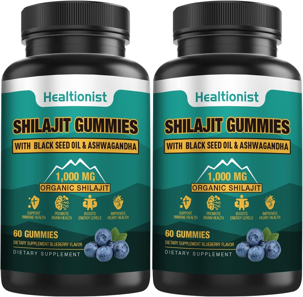 2 pakkausta 1000 MG Shilajit Supplement Gummies with 85+ Trace Minerals, Fulvic Acid, Pure Organic Shilajit Himalajan Gummy for Men & Women, Energy, Brain, Immuniteetti Suport - 120 Counts