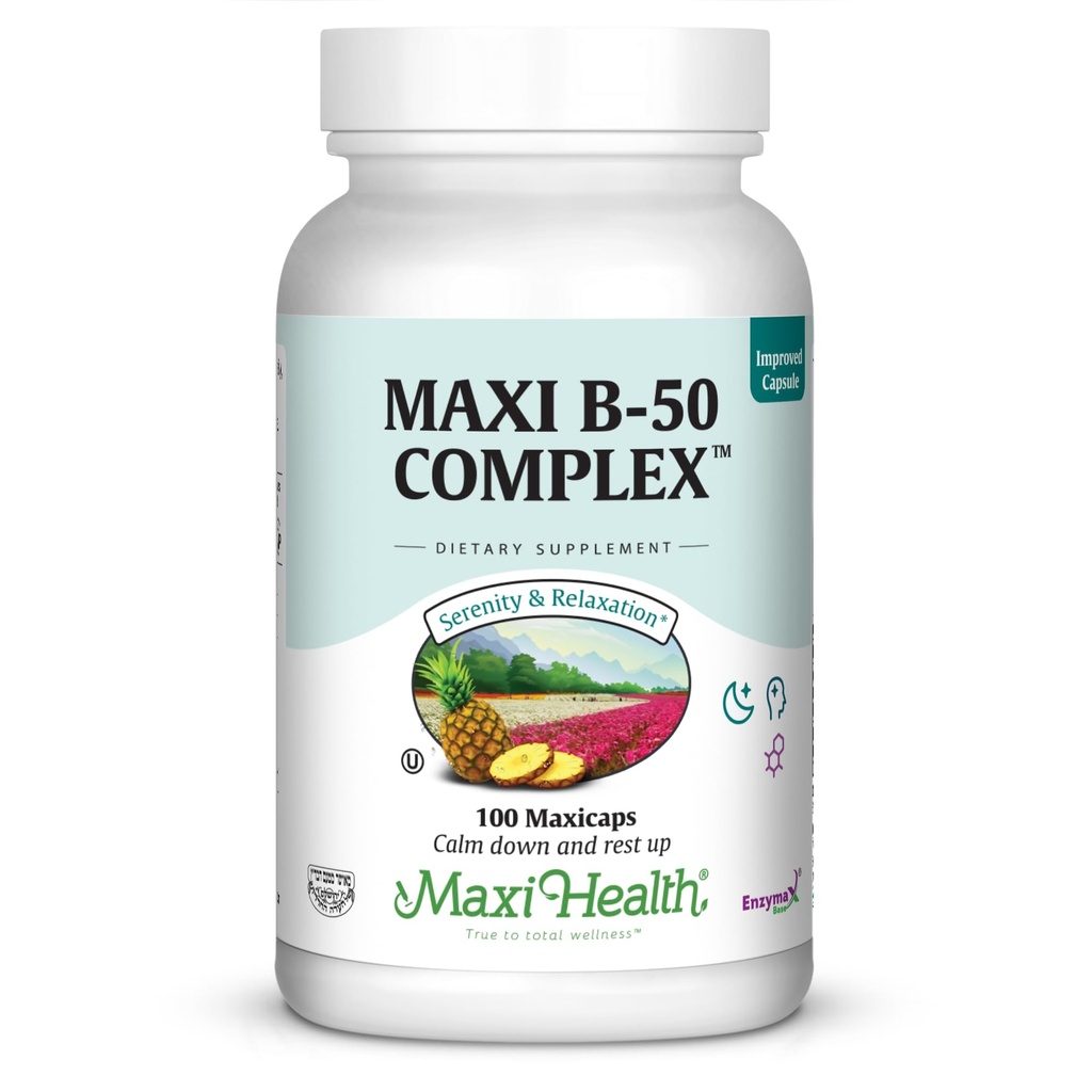 Maxi Health B-vitamiinikompleksi ... Korkea teho B-50-vitamiini B1, B2, B3, B6, B12, Biotiini & Folate ... Tuki solut energia & henkinen selkeys Kosher 100- kapselia