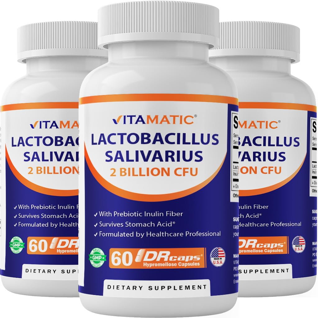 Vitamatic Lactobacillus Salivarius 2 miljarder per DR-kapsel - 60 greve - Digestive Support - Made with Prebiotic Inulin Fiber (3 flaskor)